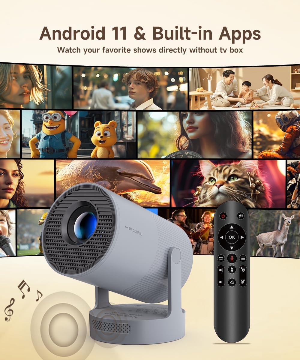 【Electric Focus】Magcubic Mini Projector 4K Support, Smart Projector with WiFi 6 and Bluetooth 5.4, 5W Soundbase Speaker, 180° Rotation, Portable Proyector for Home Theater HY300 Ultra (Grey)