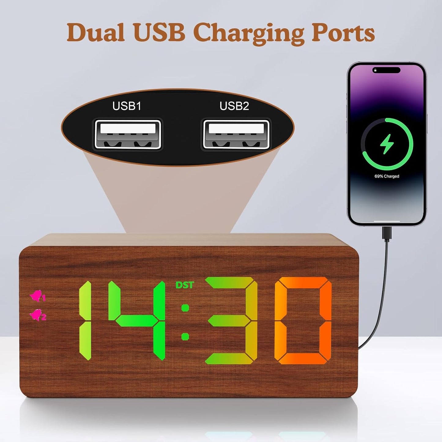 Wooden Digital Alarm Clock with Fast Wireless Charger, Dual USB Charging Ports, DST, Dimmable, Snooze, RGB Large Number Display LED Clock for Bedrooms, Living Room, Desk, Table, Bedside(Brown)