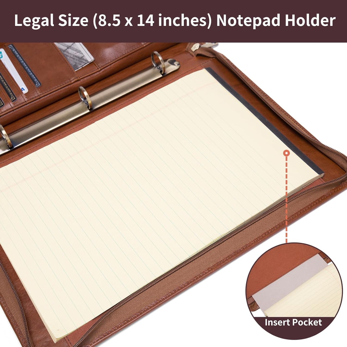 Genuine Leather 3 Ring Binder Portfolio, 8.5 x 14 Legal Size Pad Holder, Hidden Handle, Zippered Padfolio with 15” Laptop Organizer, Professional Business Folio for Men Women, Brown, Oil Tanned
