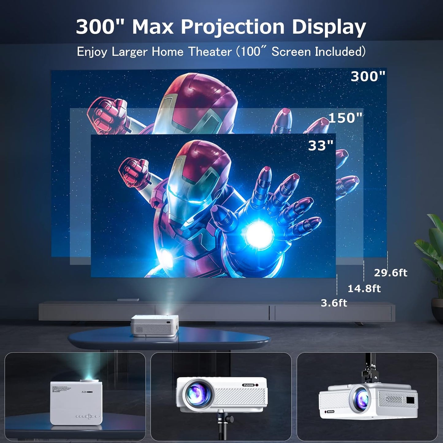 Projector with WiFi and Bluetooth, FUDONI 5G WiFi Native 1080P Outdoor Projector 15000L Support 4K, Portable Movie Projector with Screen and Max 300", for iOS/Android/Laptop/TV Stick/HDMI/USB/VGA/TF