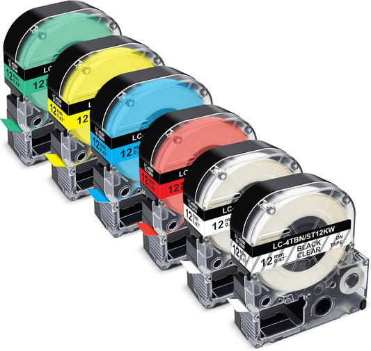 Pristar Compatible Label Tape Replacement for Epson LK-4WBN LK-4TBN LK-4LBP LK-4RBP LK-4YBW LK-4GBP 12mm 0.47" Work for Epson LabelWorks LW-300 LW-400 LW-500 LW-600P LW-700 Label Maker, 6-Pack