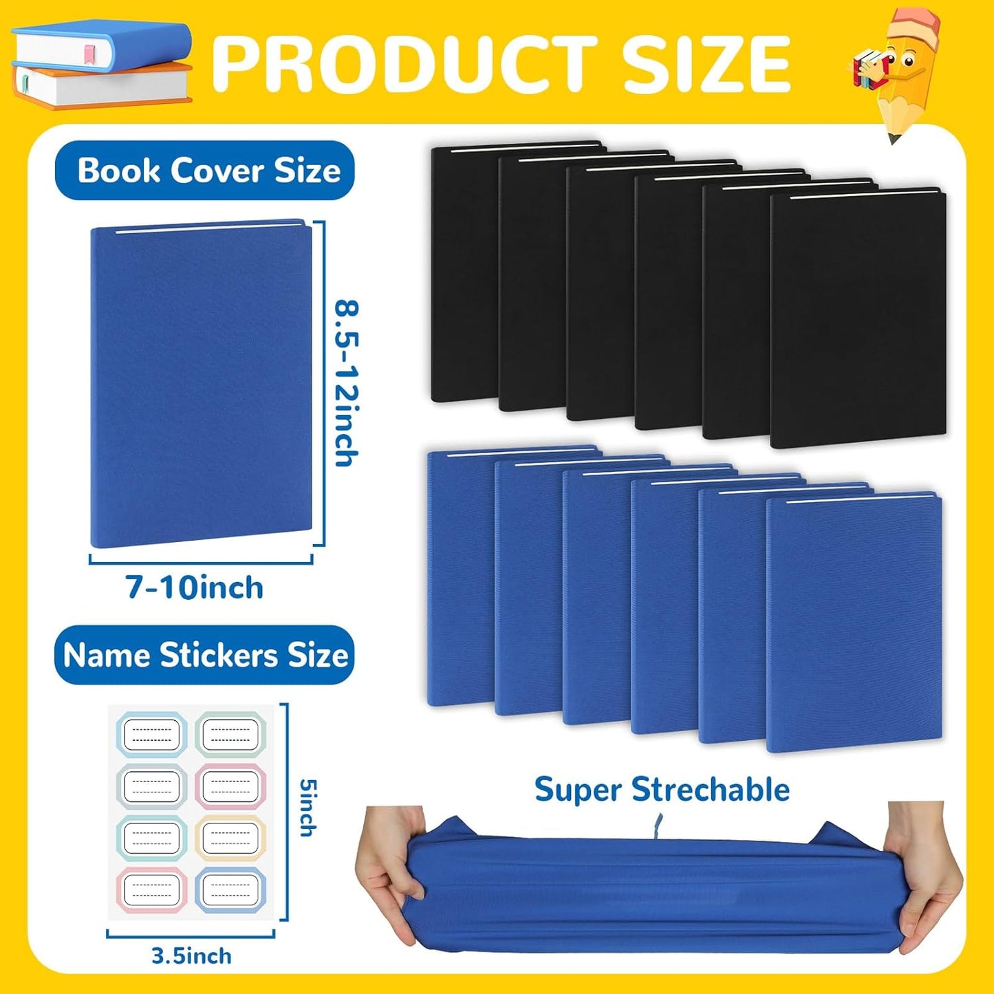 Jumbo Book Covers 12 Pack Reusable Fabric Book Cover Protective Book Covers 9 x 11 Inch Black and Blue Stretchable Book Sleeve Cover with Label Sticker for Most Hardcover Books Up to 10 x 12.5 Inch