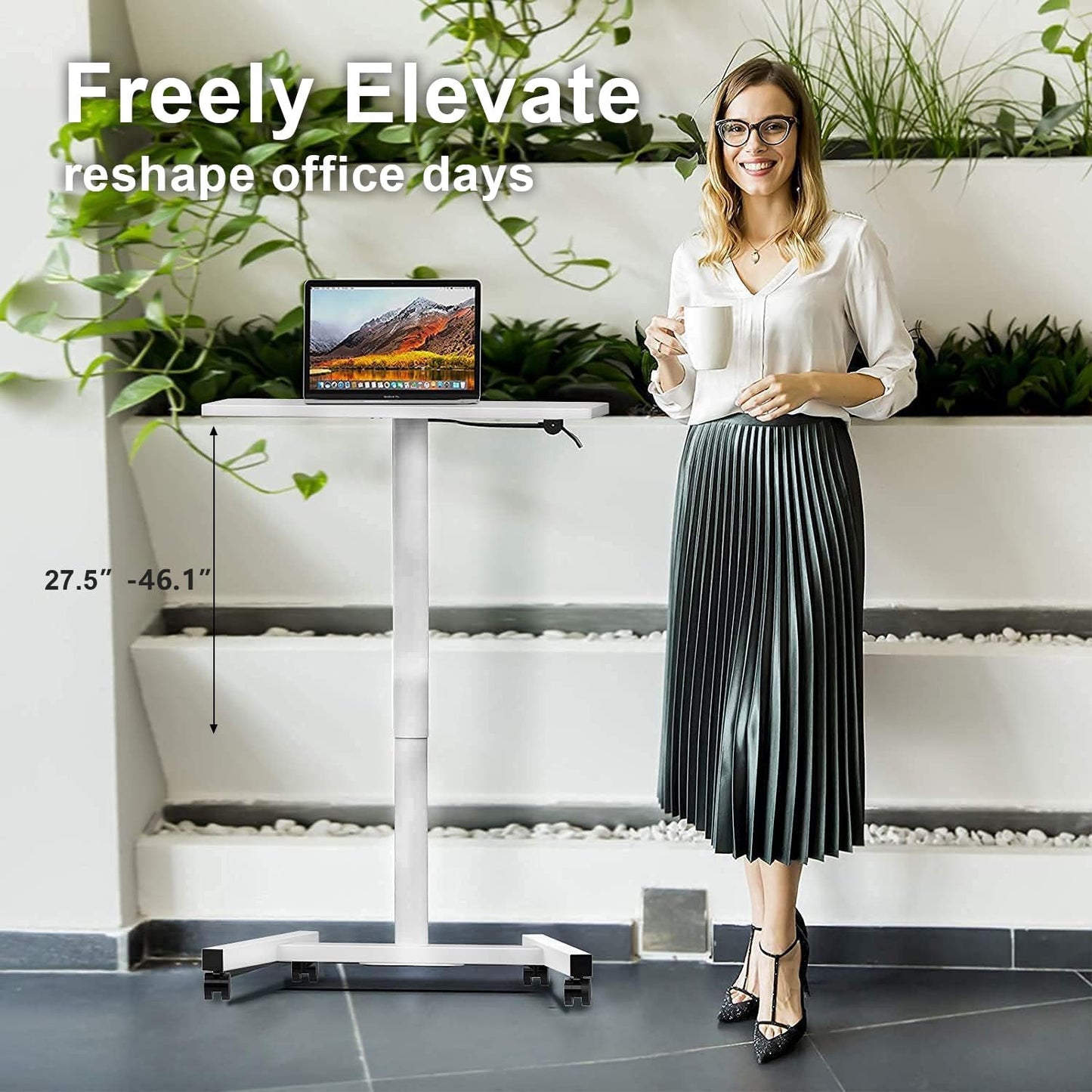 28-Inch Mobile Standing Desk Adjustable Height, Portable Standing Desk with Lockable Wheels, Rolling Table for Home Office Classroom Hospital (Snow-White)