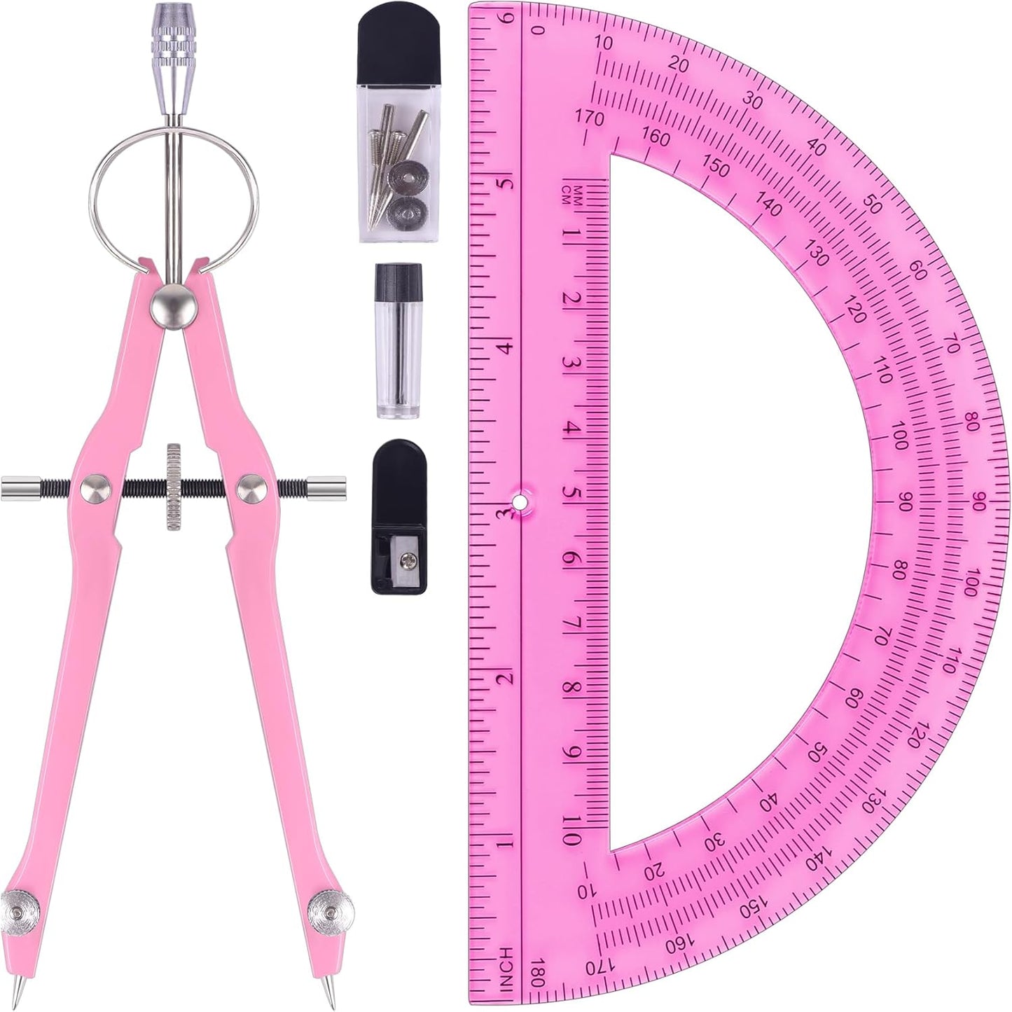 Compass and Protractor Set, Professional Drawing Compass Tool, Metal Compass with Extra Refills, Compass for Geometry and 6 Inch Math Protractors 180 Degree (Pink)