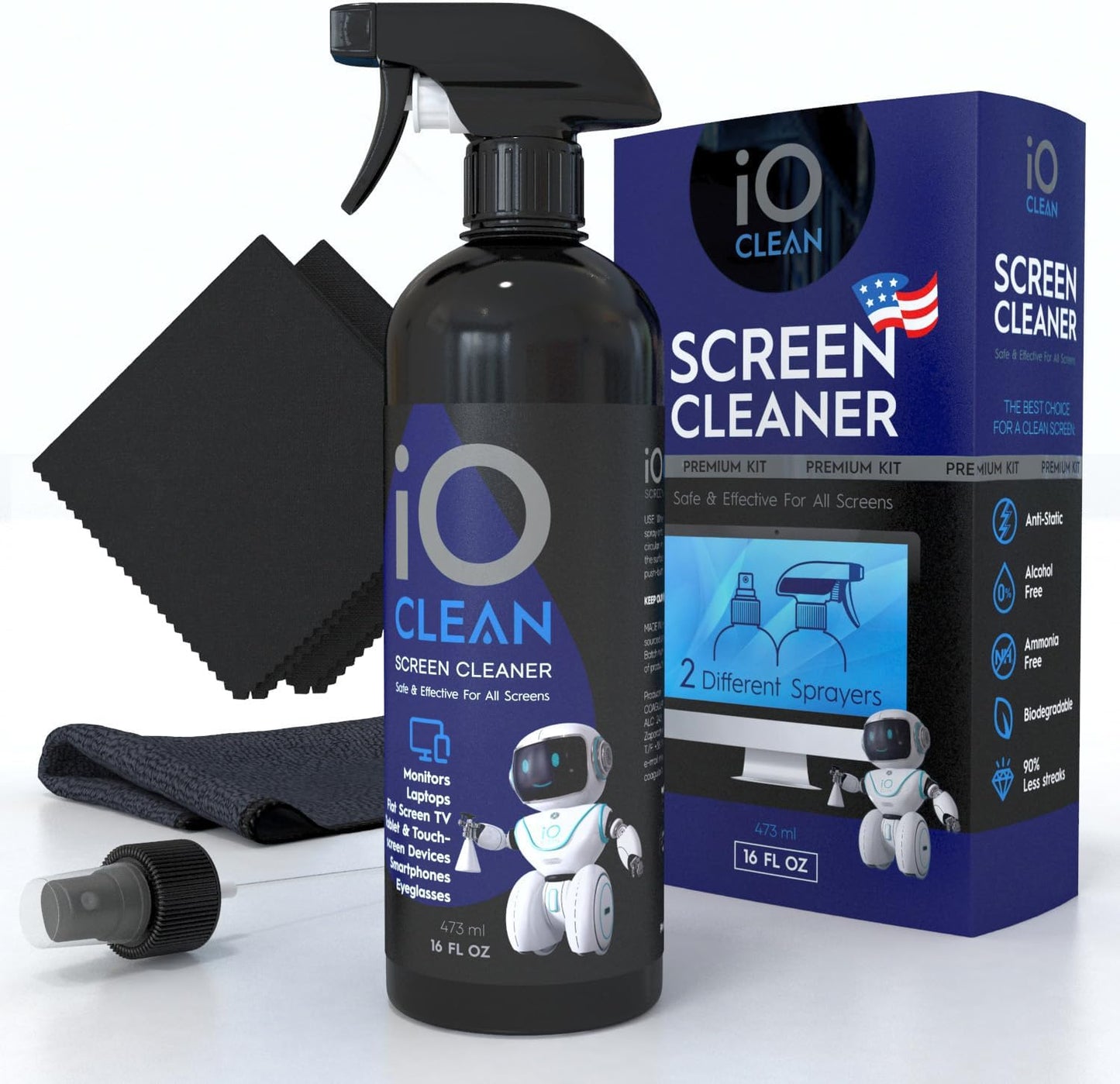 Screen Cleaner Spray (16oz - 473ml) – Best Large Cleaning Kit for LCD LED OLED TV, Smartphone, iPad, Laptop, Touchscreen, Computer Monitor, Electronic Devices, 3 Microfiber Cloths and 2 Nozzles