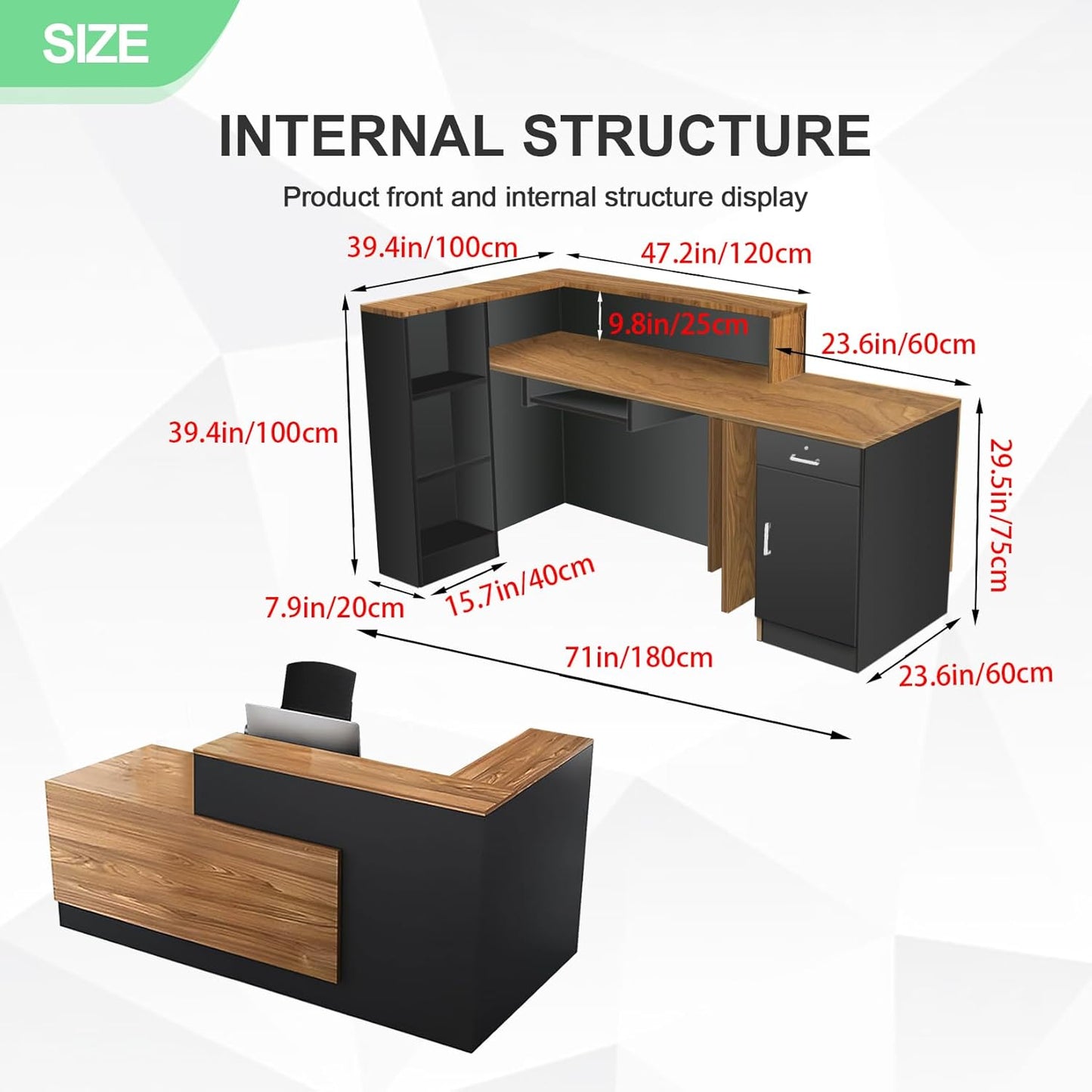Modern Reception Desk with Counter and Drawer Office Front Desk with Cabinet Wooden Commercial Reception Table Checkout Counter for Retail Salon Lobby Black and Wood Left 71inch/180cm
