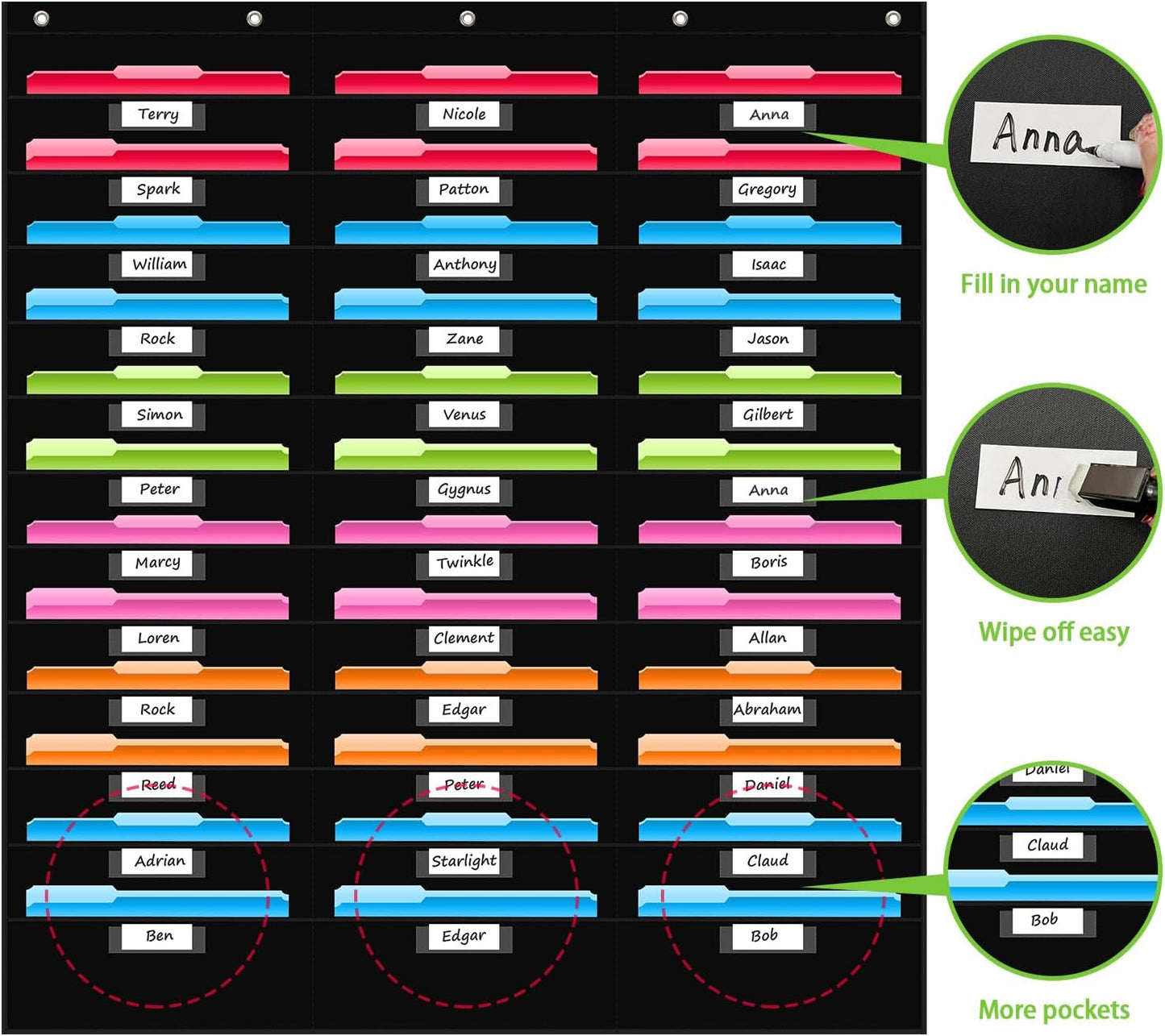 REGELETO 36 Pockets File Storage Pocket Chart with 36 Nametag Pockets, Hanging Wall File Organizer for Classroom and Office, Organize Your Assignments, Files, Scrapbooks, Paper (Black-36 Pockets)