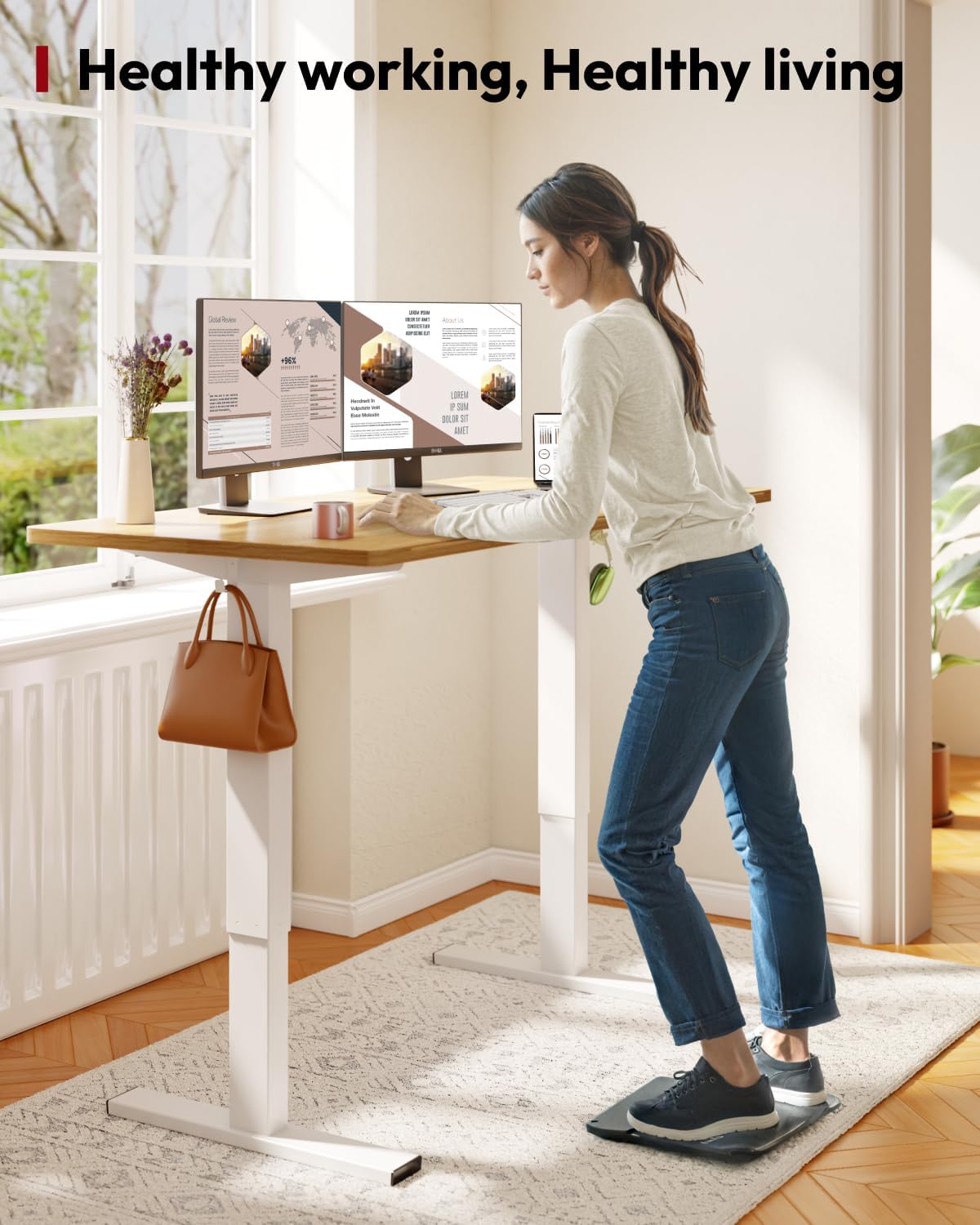 SANODESK Standing Desk Height Adjustable Electric Stand up Desk 55x24 Inches Sit Stand Home Office Desk with Splice Board, White Frame/Maple Top