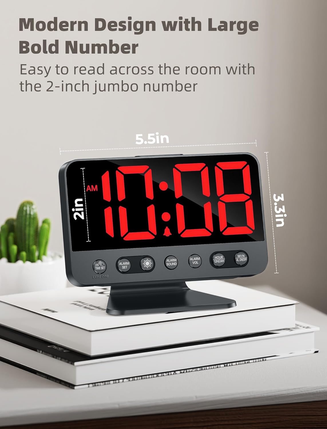Digital Alarm Clocks for Bedrooms: Large Bold Number 5 Brightness Dimmer - Easy to Read Across The Room - 5 Alarm Sound 8 Night Light - Red