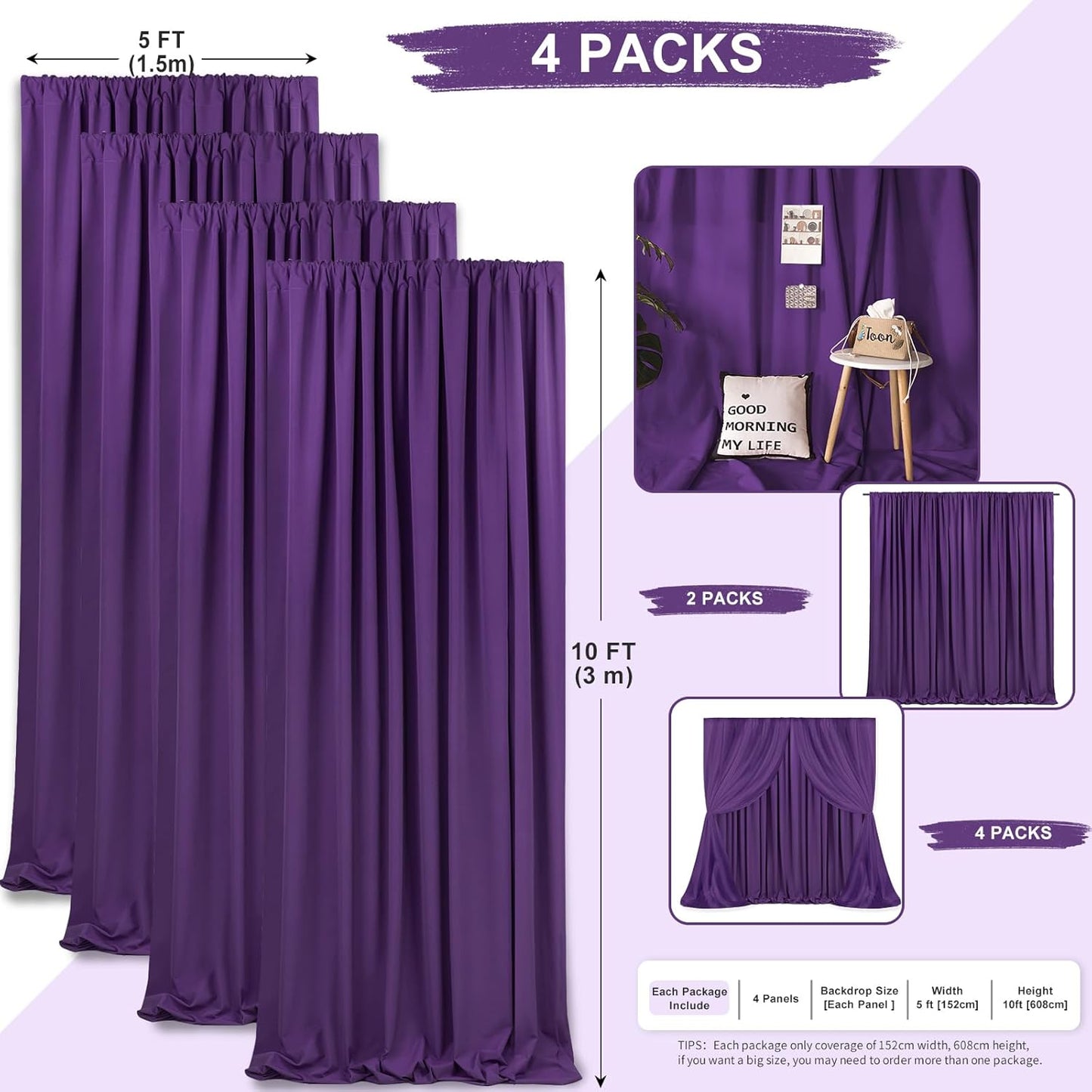 Purple Backdrop Curtains 4 Panel 5ft x 10ft Polyester Fabric Party Backdrops for Arch Wedding Stage Ceremony Photography Background Decorations