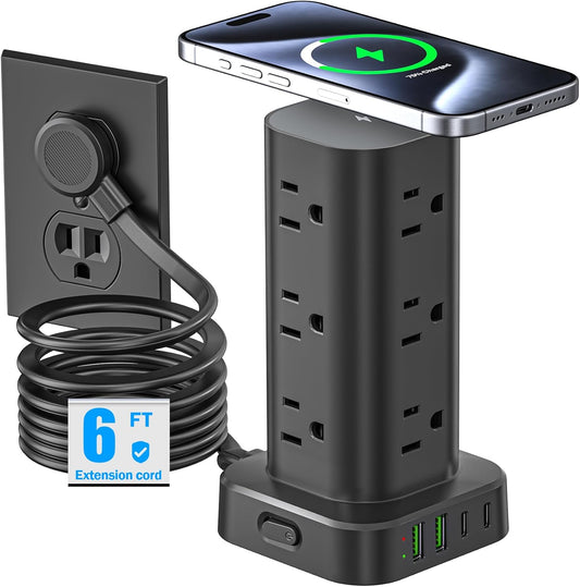 Tower Power Strip with 15W Wireless Charger, 6FT Flat Plug Extension Cord with Multiple Outlets, 12 AC Outlets, 4 USB Ports (2 USB C) Charging Station Surge Protector for Office Home Dorm Room (Black)