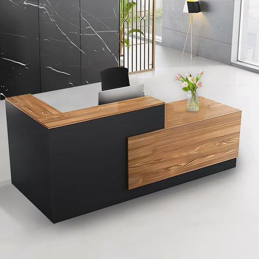 Modern Reception Desk with Counter and Drawer Office Front Desk with Cabinet Wooden Commercial Reception Table Checkout Counter for Retail Salon Lobby Black and Wood Right 63inch/160cm