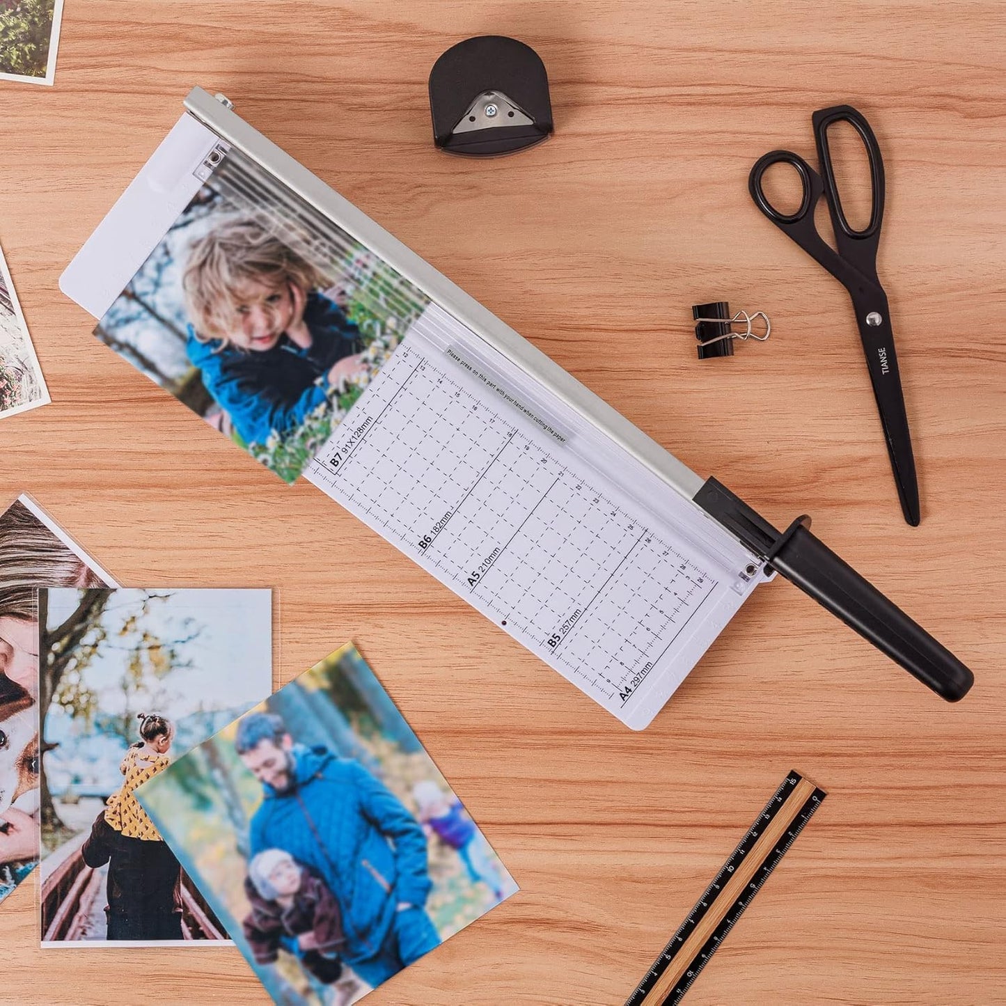 TIANSE Paper Trimmer 12” 8 to 12 Sheet Capacity Paper Cutter Guillotine with Safety Blade Lock Heavy Duty Plastic Base Paper Cutting Board for Home Office School White