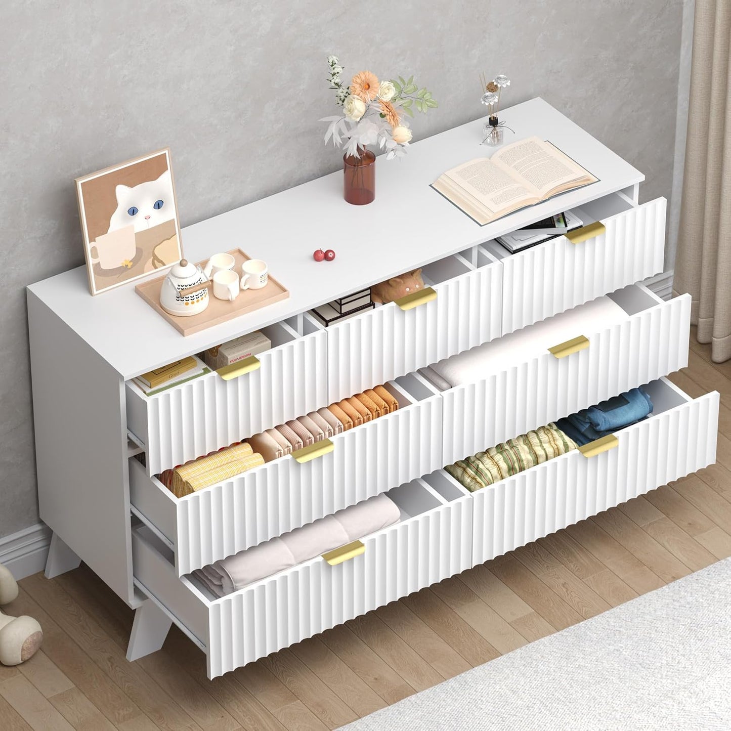 Fluted 7 Drawer Dresser, 47.2" Wide Modern Boho Chest of Drawers, Wooden Storage Dresser TV Stand for Bedroom, Living Room, Closet, Hallway, Curved Profile Design