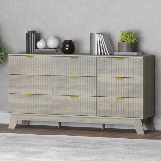 Fluted 9 Drawer Dresser, 57.1" Wide Modern Boho Chest of Drawers, Wooden Storage Dresser TV Stand for Bedroom, Living Room, Closet, Hallway, Curved Profile Design