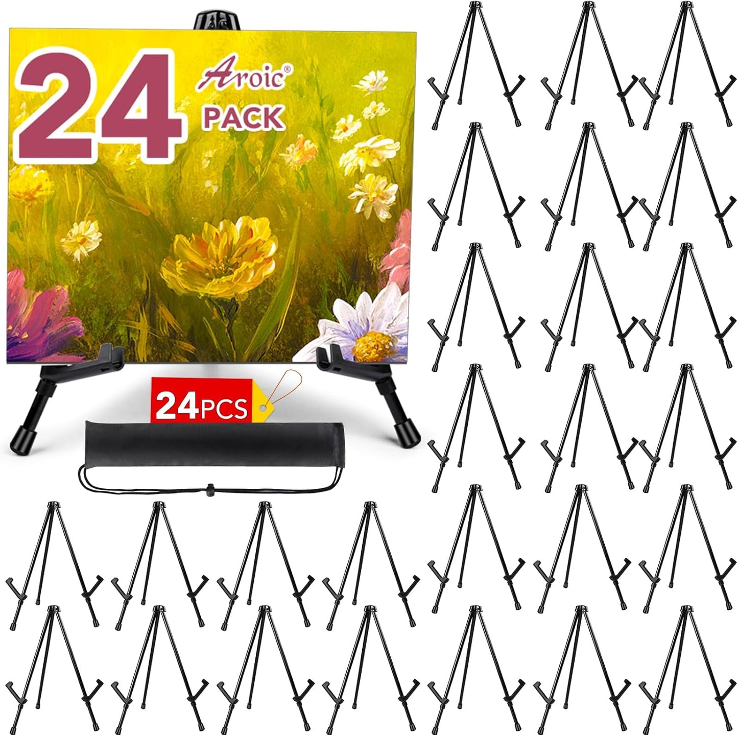 AROIC 24 Pack 14'' Tabletop Easels, Black Steel Table Top Easels for Display, Adjustable Portable Table Top Easel for Paintings, Signs, Posters,Frame Pictures(with 24 Bags)