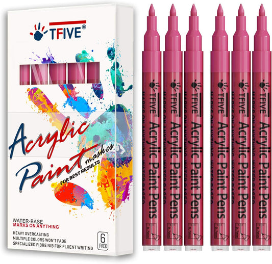 Pink Marker Paint Pens - 6 Pack Acrylic Pink Permanent Marker, 0.7mm Extra Fine Tip Paint Pen for Art Projects, Drawing, Rock Painting, Stone, Ceramic, Glass, Wood, Plastic, Metal, Canvas DIY Crafts
