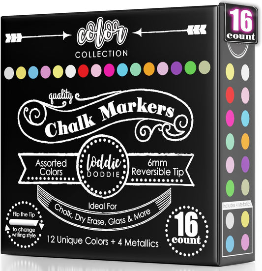 Loddie Doddie Chalk Markers - Pack of 16, 6mm Reversible Bullet & Chisel Tips - Non-Toxic Dust-Free Erasable Liquid Chalk Ink - Dry Erase Markers for Glass, Windows & Whiteboards