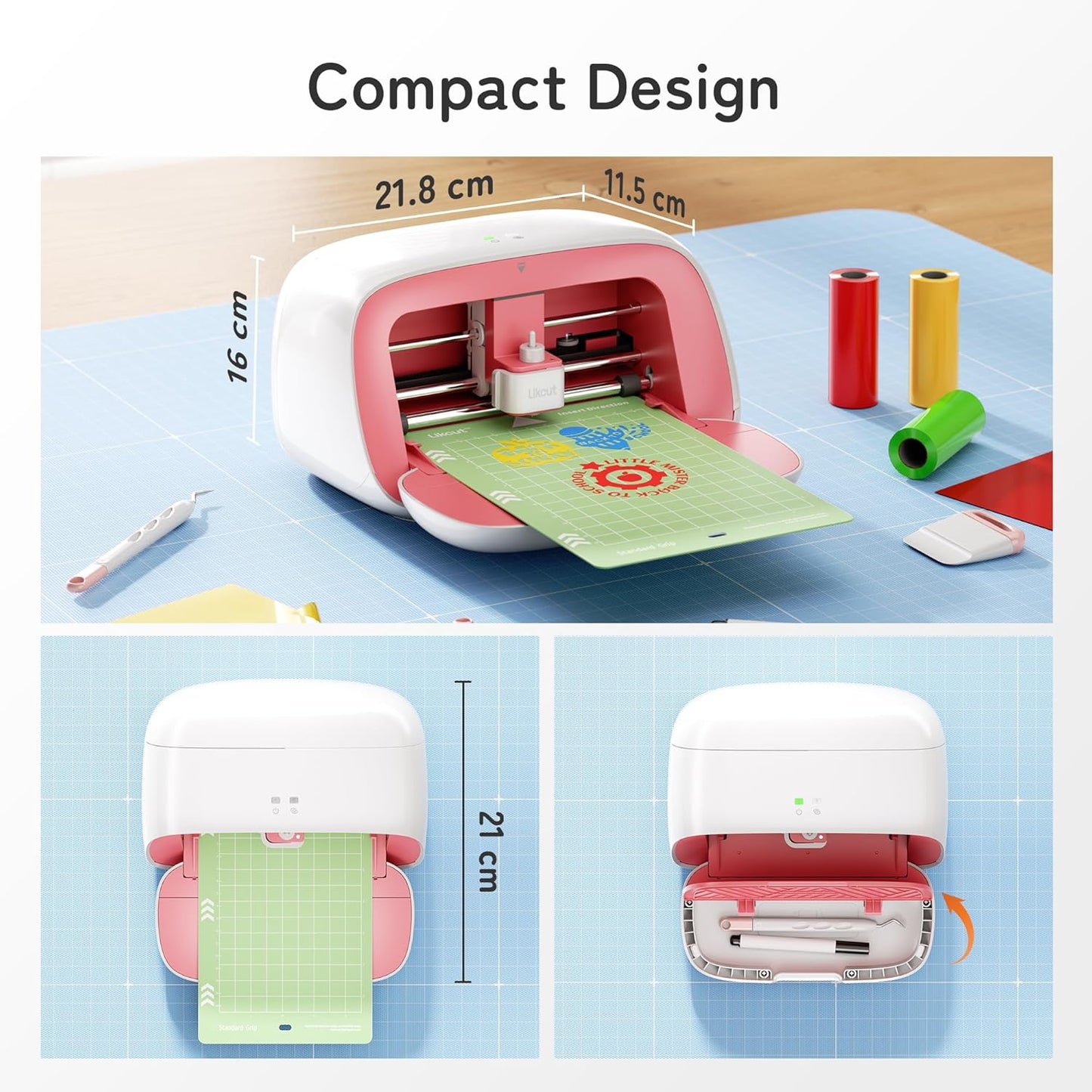 S501 Vinyl Cutter Machine with Built-in Storage, Die Cutting Machine of Multi Material Vinyl, HTV, Cardstock, Paper, Includes Cutting Mat, Black Pen, Weeding Tool, Pink