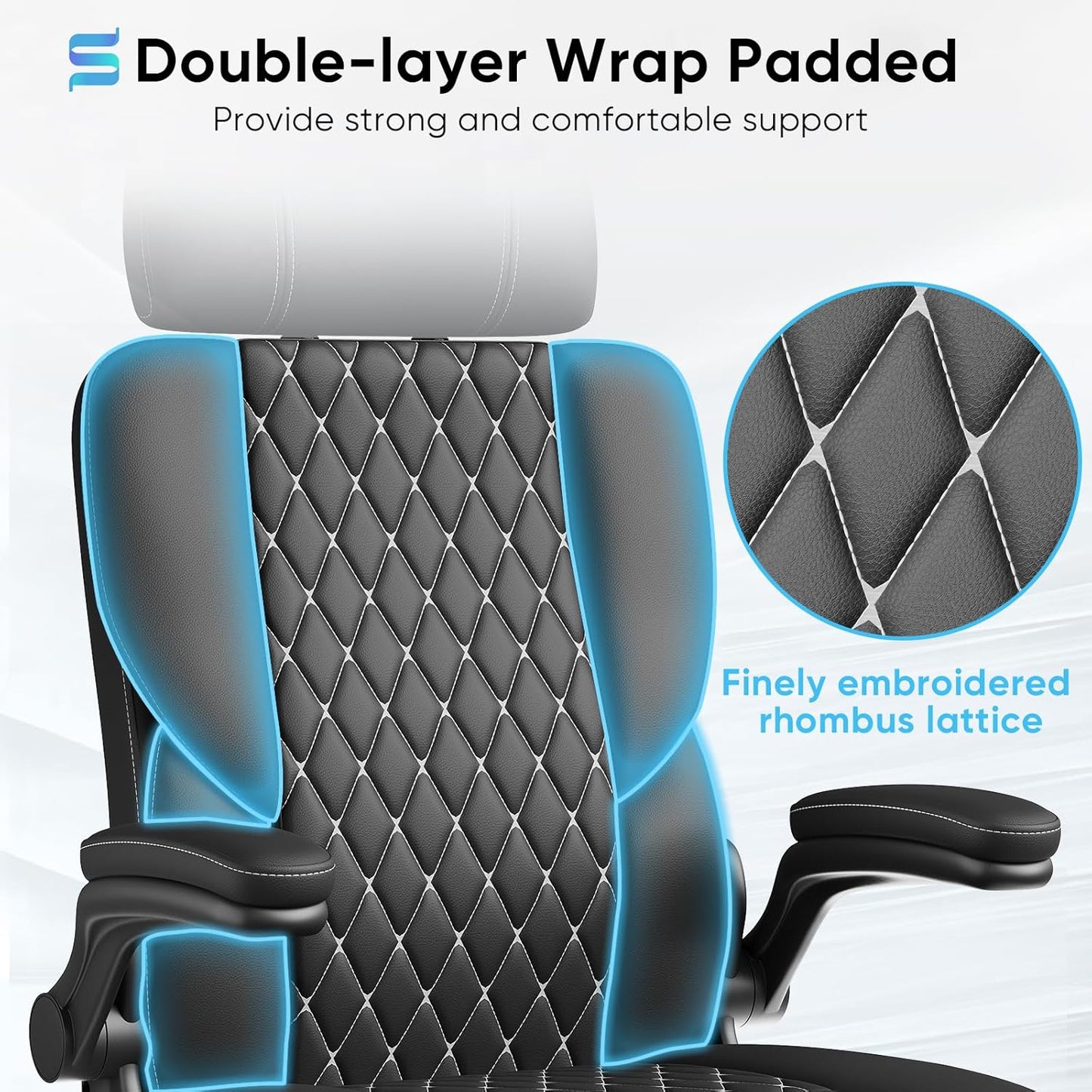 Sytas Executive Leather Office Chair, Comfy Desk Chair with Adjustable Headrest & Flip-up Padded Arms & Lumbar Support, Adjustable Hight and Tilt, Rolling Swivel Chair, Black