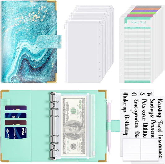 Rnivvi Budget Binder with Zipper Envelopes, A6 Money Saving Binder Cash Envelopes for Budgeting, PU Leather Planner Money Organizer for Cash Bills, Cute Marble System Wallet for Women, Ocean Blue