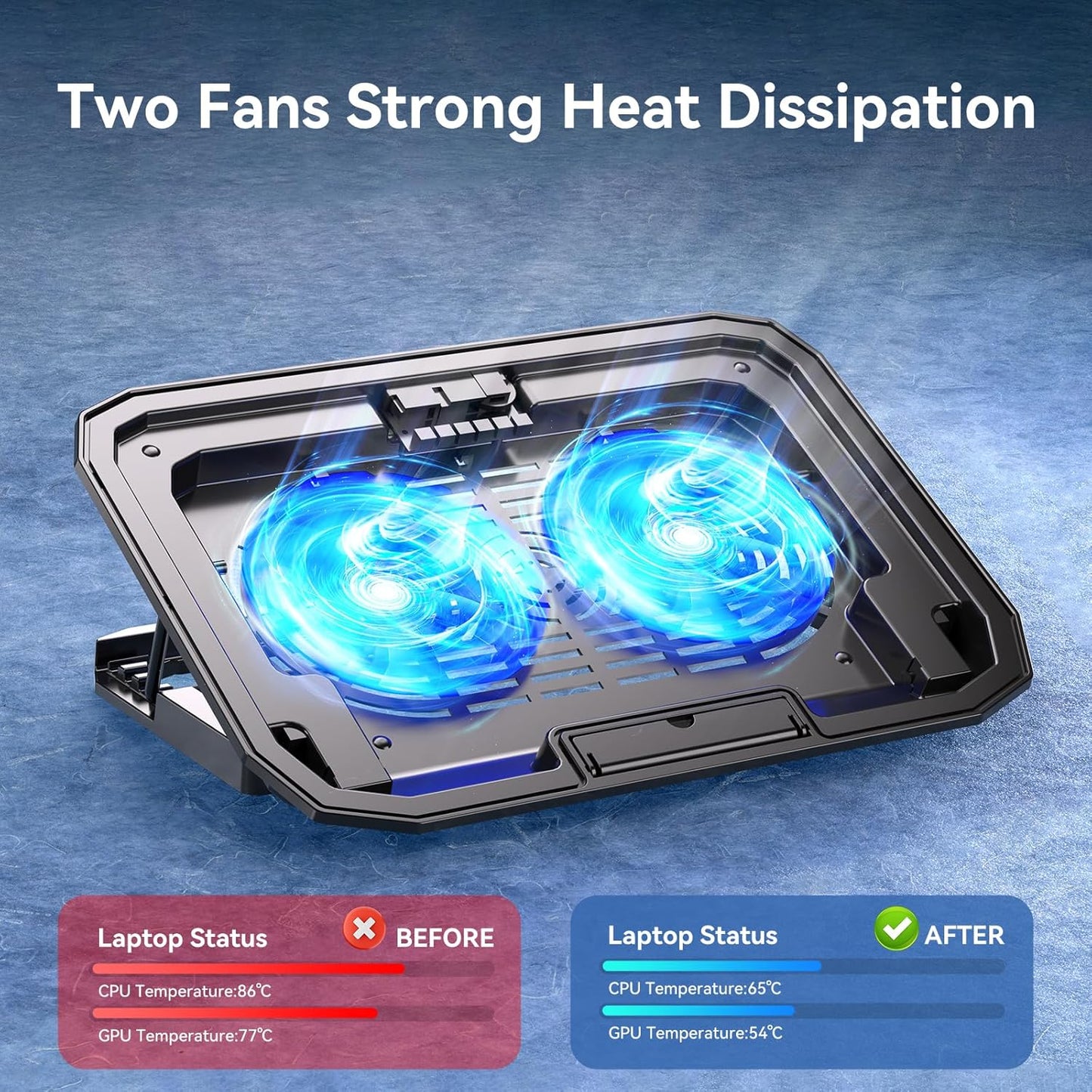 Ultra Slim Laptop Cooling Pad with 2 Quiet Big Fans, 5 Height Adjustable Ergonomic Stand, Portable Cooler for 10-15.6 Inch Laptops, Speed Control and 2 USB Ports