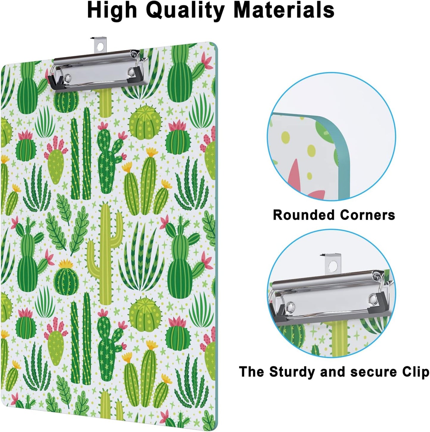 Clipboard Design Decorative Wood A4 Letter Size Clip Boards for Classroom Office, Standard Size 9" x 12.5" with Low Profile Metal Clip - Cactus