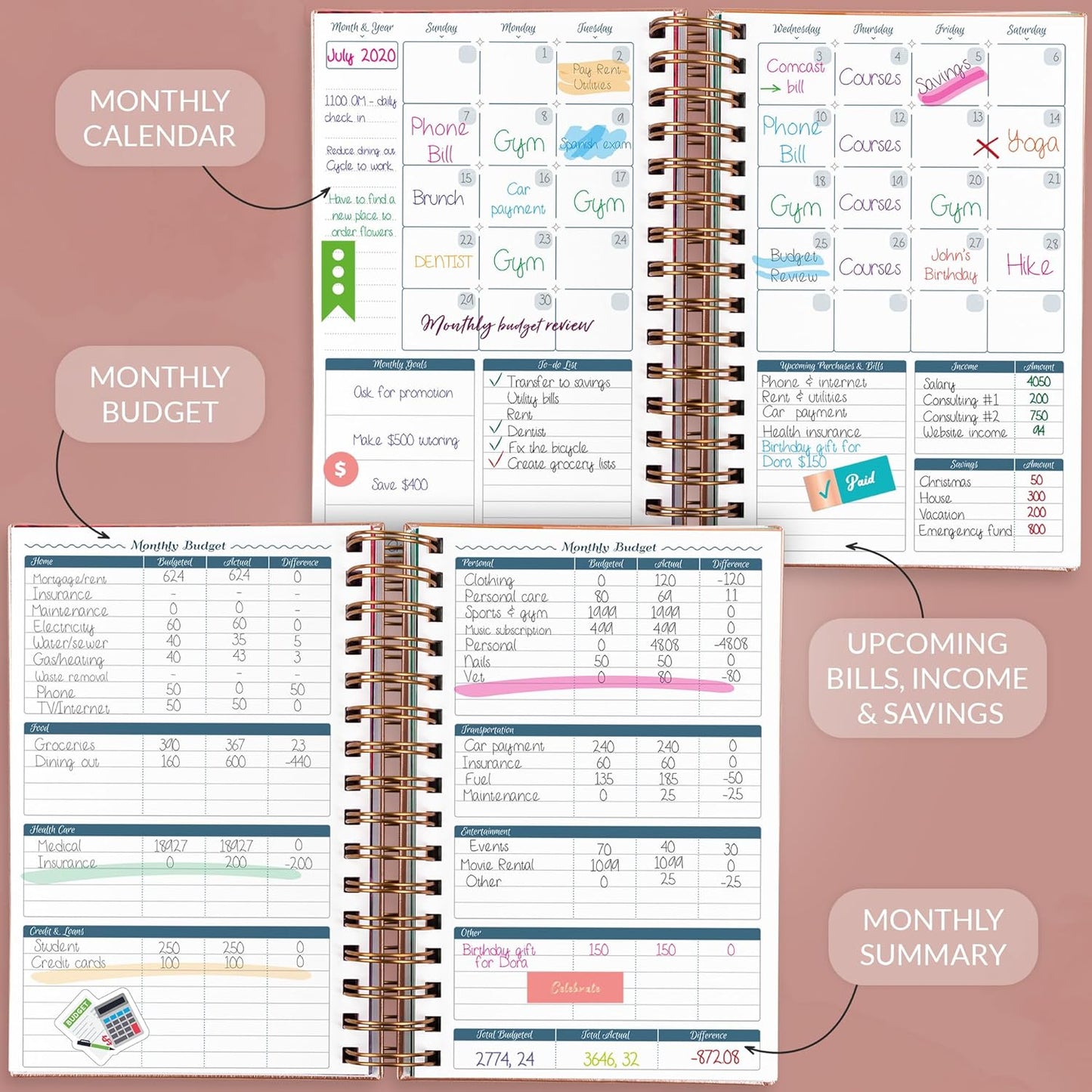 GoGirl Budget Planner & Monthly Bill Organizer – Monthly Financial Book with Pockets. Expense Tracker Notebook Journal, Compact (Rose Gold)