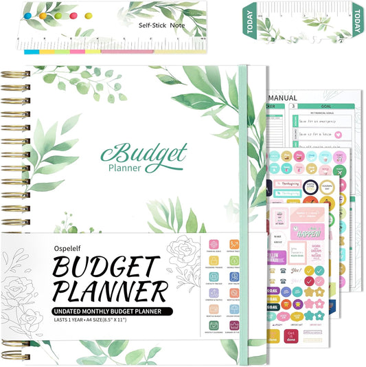Ospelelf Budget Planner - Monthly Budget Book with Expense Tracker Notebook, Undated 12 Month Bill Organizer & Finance Planner, A4 Account Book with 12 Index Pockets, Zipper Pouch, Stickers(Green)