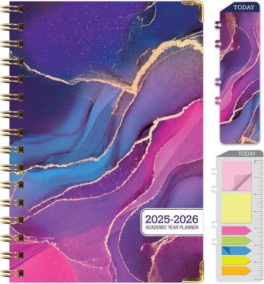 HARDCOVER Academic Year 2025-2026 Planner: (June 2025 Through July 2026) 5.5"x8" Daily Weekly Monthly Planner Yearly Agenda. Bookmark, Pocket Folder and Sticky Note Set (Pink Purple Marble)