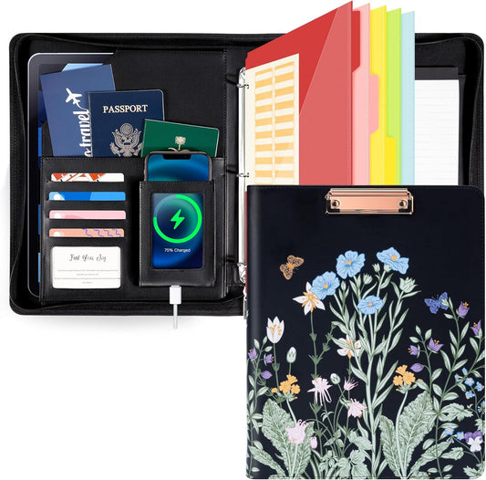 Leather Clipboard with Storage, Zippered Padfolio Portfolio Organizer, 3 Ring Binder 1 Inch, Notepad, Tablet Sleeve, 5 Dividers with Pocket, Stickets for Office Nurses Students, Teachers Night Flowers