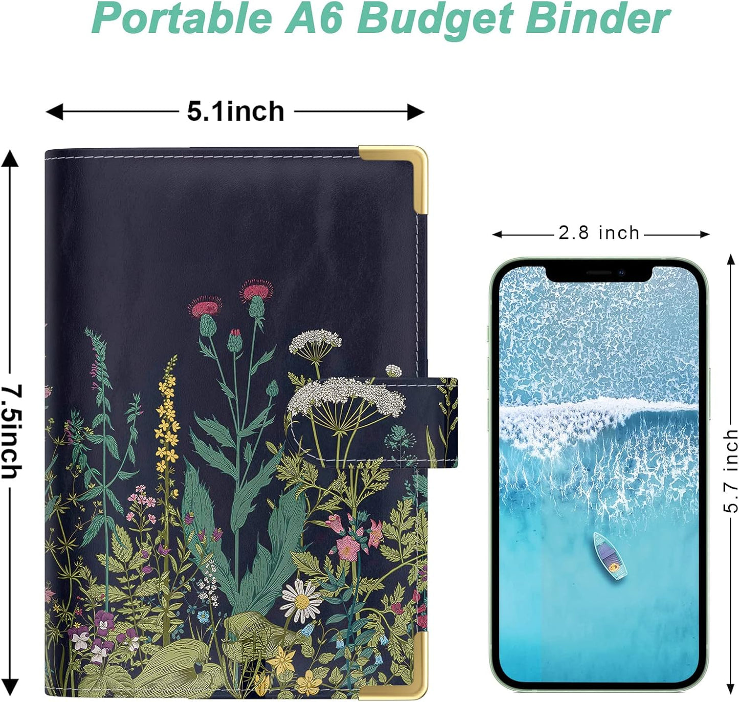 Rnivvi Budget Binder with Zipper Envelopes, A6 Money Saving Binder Cash Envelopes for Budgeting, PU Leather Planner Money Organizer for Cash Bills, Cute Floral System Wallet for Women, Black Flower