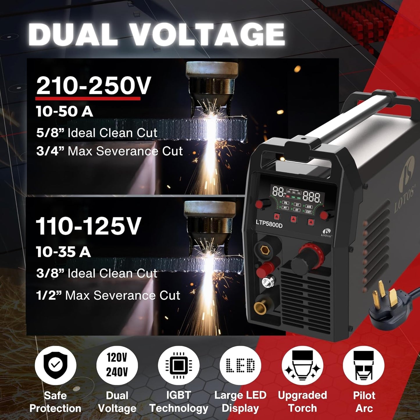 LOTOS LTP5800D 58A Plasma Cutter, 5/8" Clean Cut (3/4" Severance), Non-Touch Pilot Arc, Up to 15% Faster Cutting, Dual Voltage 110/220V, LED Panel & Front Regulator, Portable Plasma Cutting Machine