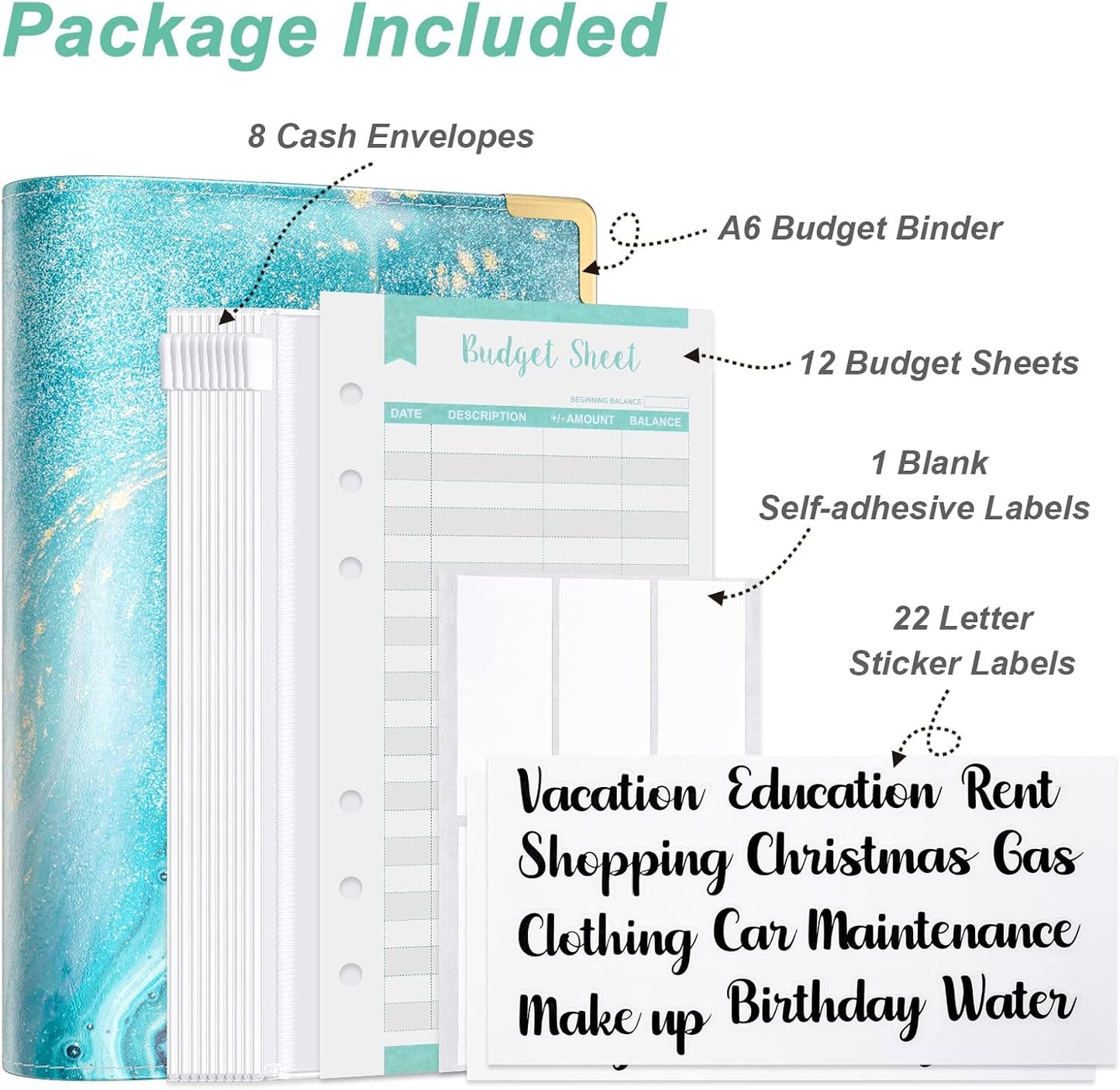 Rnivvi Budget Binder with Zipper Envelopes, A6 Money Saving Binder Cash Envelopes for Budgeting, PU Leather Planner Money Organizer for Cash Bills, Cute Marble System Wallet for Women, Ocean Blue