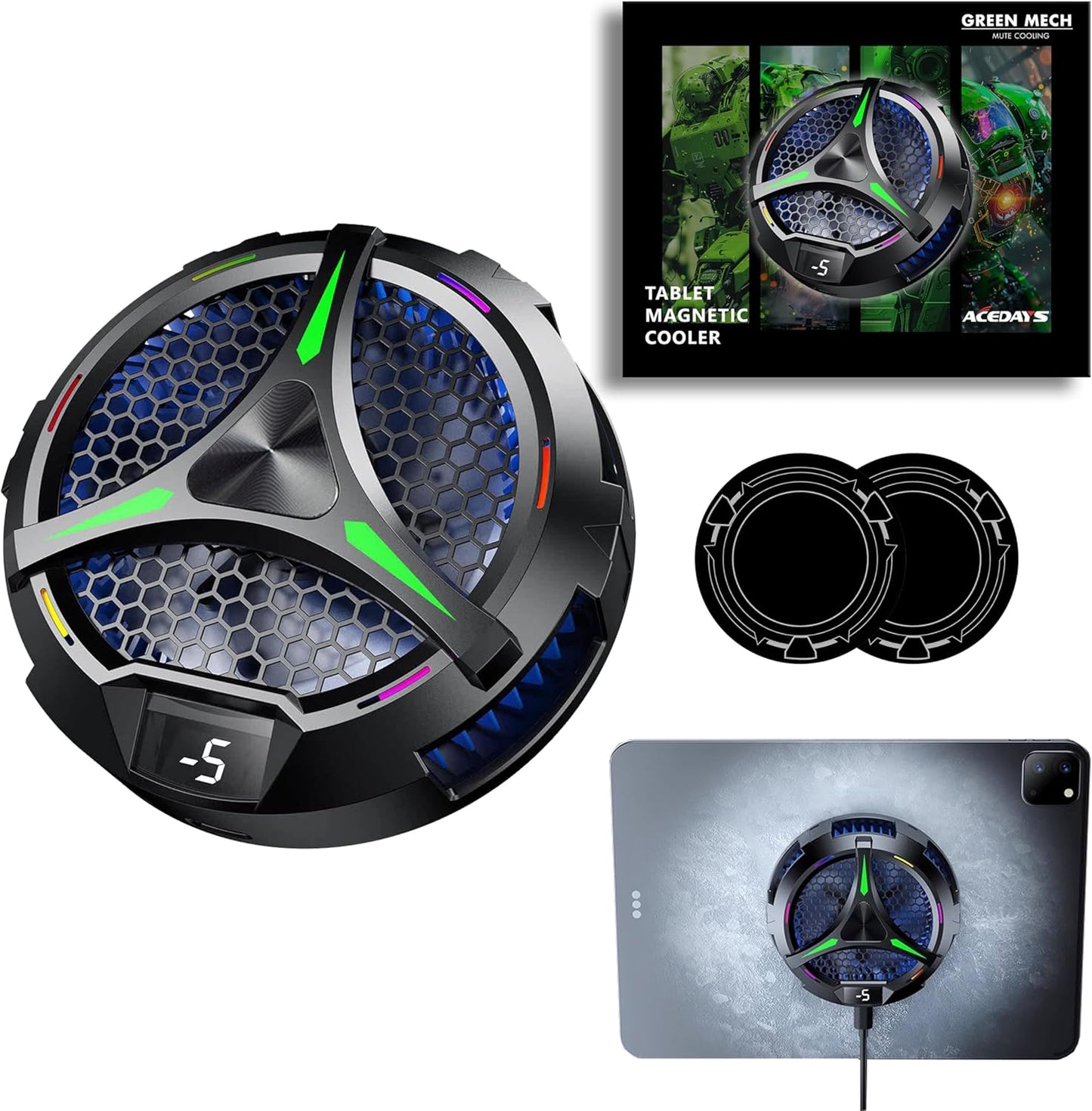 iPad Cooler,Magnetic Tablet Cooler for ipad/Surface pro/Samsung Tab,iPad Cooing Fan with Temperature Display for Mobile Gaming,Tiktok Live Streaming (Green Mech+3 pcs Magnetic Suction Sheet)
