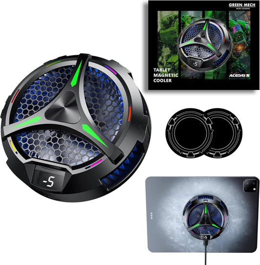 iPad Cooler,Magnetic Tablet Cooler for ipad/Surface pro/Samsung Tab,iPad Cooing Fan with Temperature Display for Mobile Gaming,Tiktok Live Streaming (Green Mech+3 pcs Magnetic Suction Sheet)