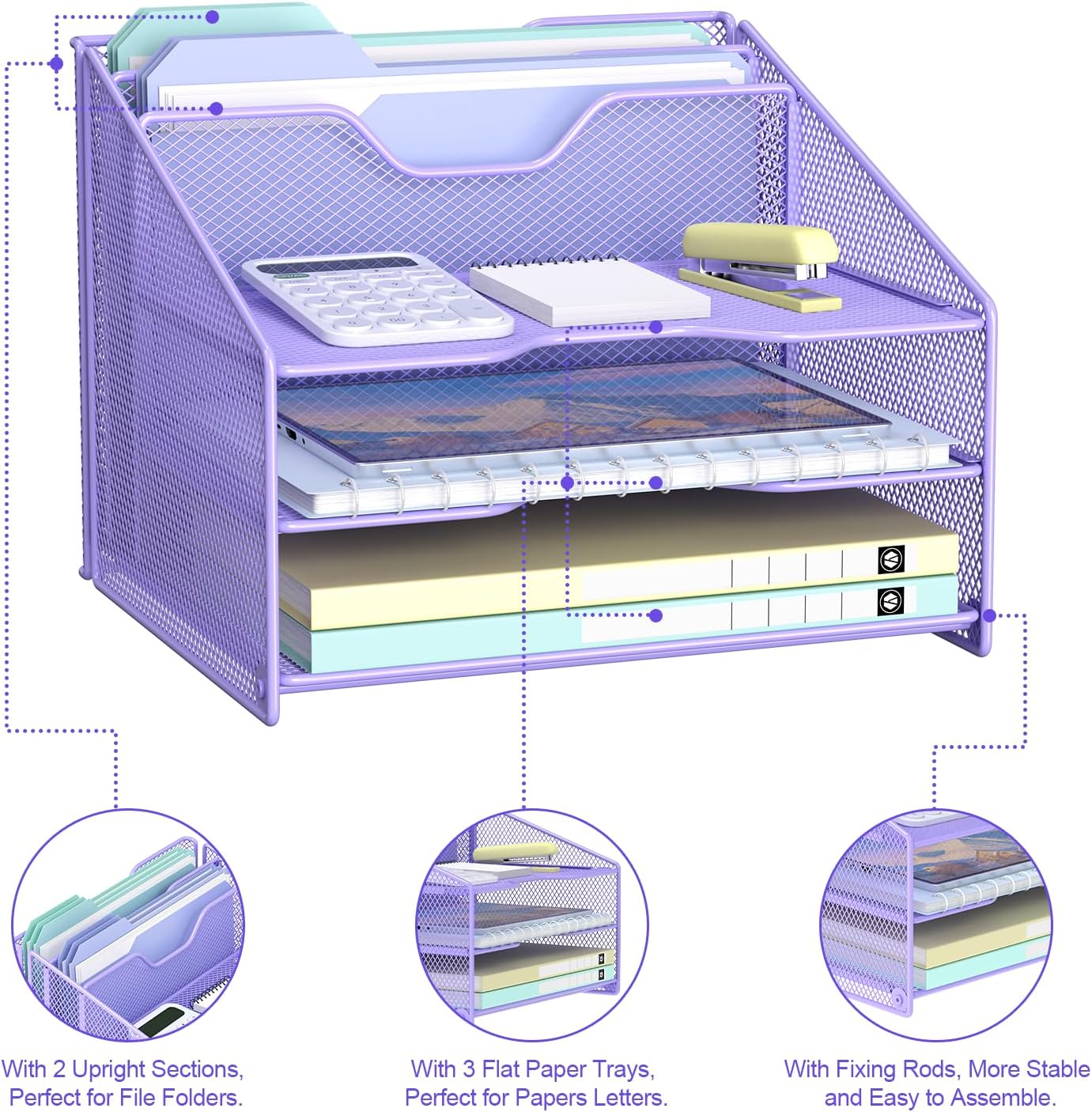 Samstar Purple Desk File Organizer, Mesh Letter File Folder Holder with 3 Paper Trays and 2 Vertical Upright Section, for Office Supplies, Desk Accessories & Workspace, Purple
