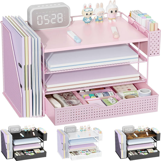 Wood Desk Organizers and Accessories with File Holder, 4-Tier Desk Accessories & Workspace Organizers with Drawer and Pen Holder, Paper Organizer for Office Supplies (Pink)