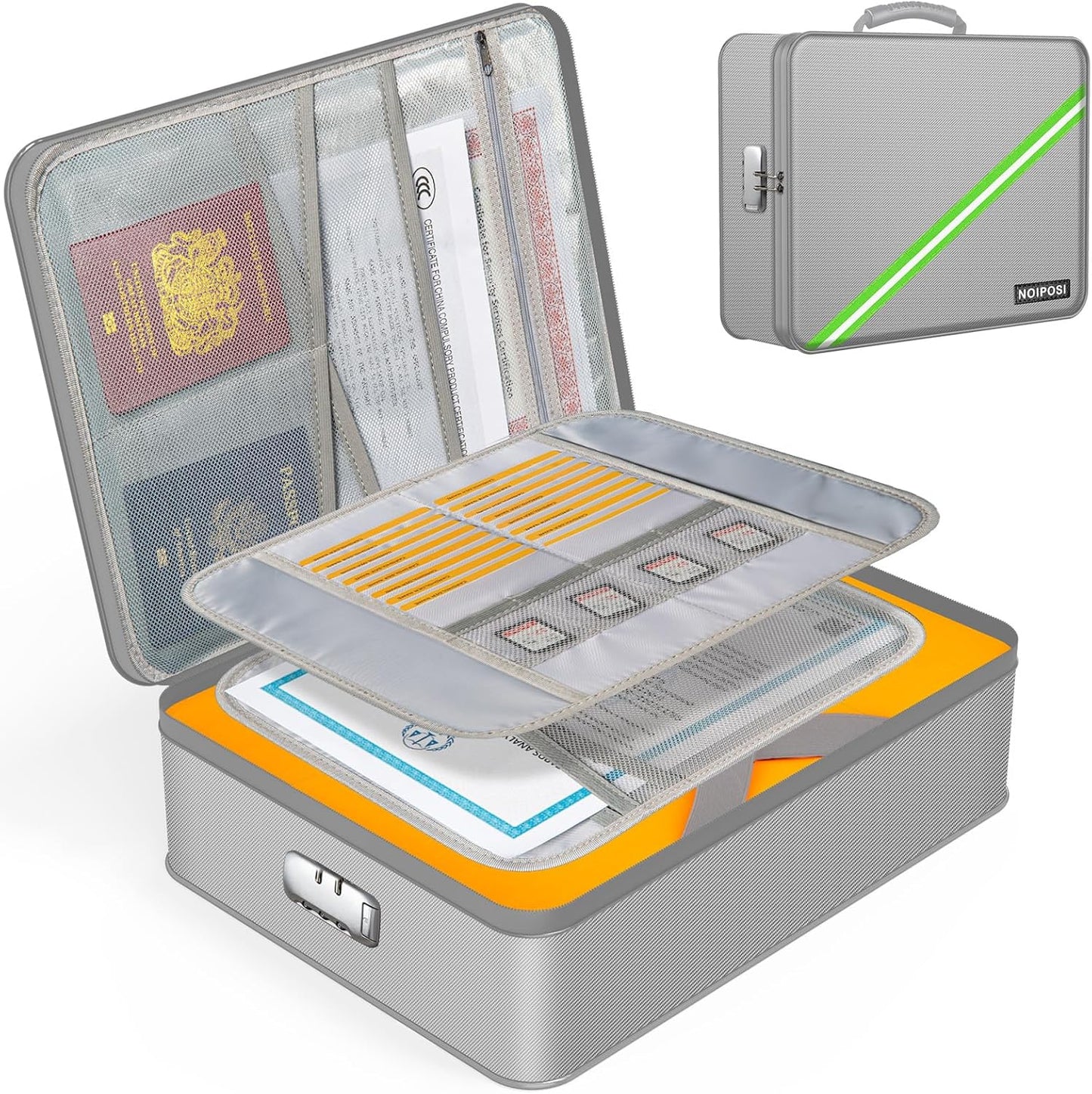 Noiposi Document Organizer with 5200℉ Heat Insulated,Waterproof and Fireproof Document Box,Portable Home Travel Safe Storage Box for Important Documents,File and Birth Certificate，Silver