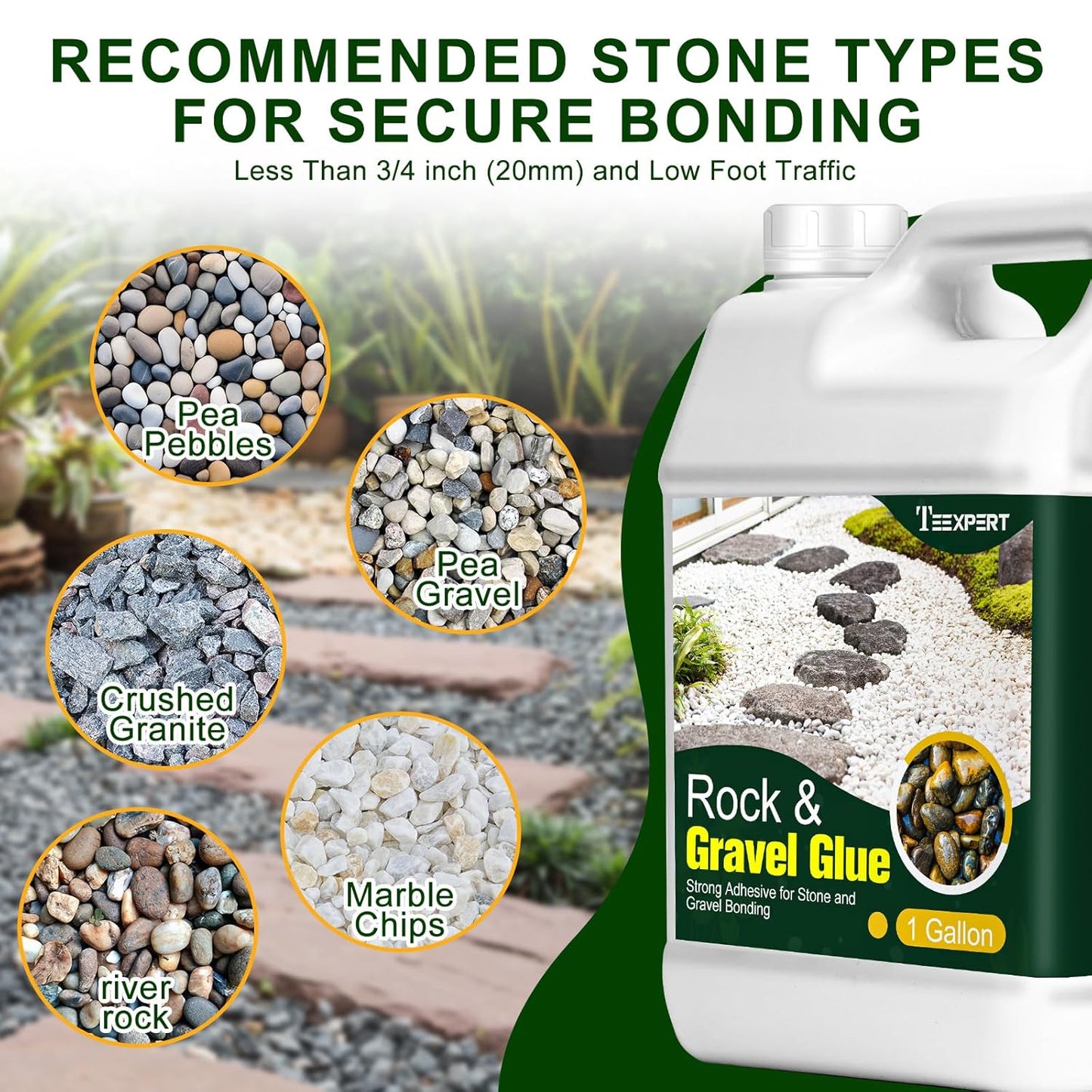 Teexpert 2 Gallon Rock Glue for Landscaping – Strong Pea Gravel Binder & Stone Adhesive for Walkways, Yards, Patios, and Driveways