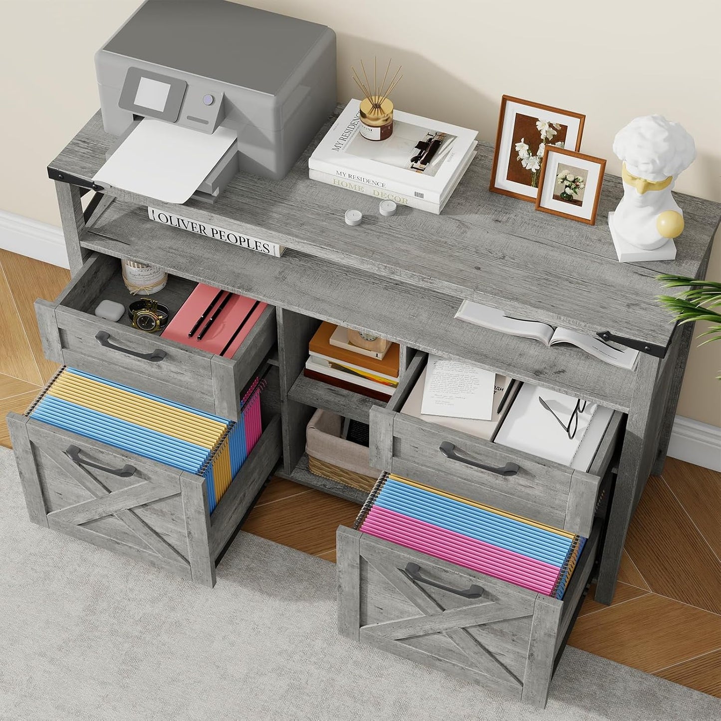 Farmhouse Filing Cabinet with Adjustable Shelf for Home Office, Lateral File Cabinets 4 Drawers with Open Storage Shelf, Filing Organization Storage Cabinets for Hanging Files Letter/A4.(Grey)