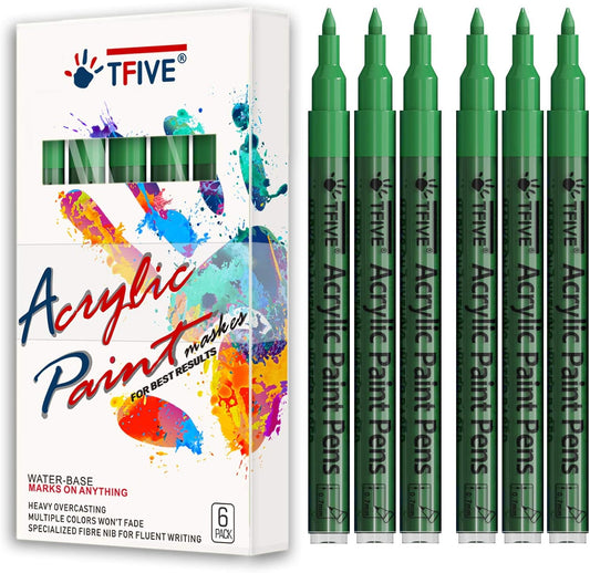Green Marker Paint Pens - 6 Pack Acrylic Green Permanent Marker, 0.7mm Extra Fine Tip Paint Pen for Art Projects, Drawing, Rock Painting, Stone, Ceramic, Glass, Wood, Plastic, Metal, Canvas DIY Crafts