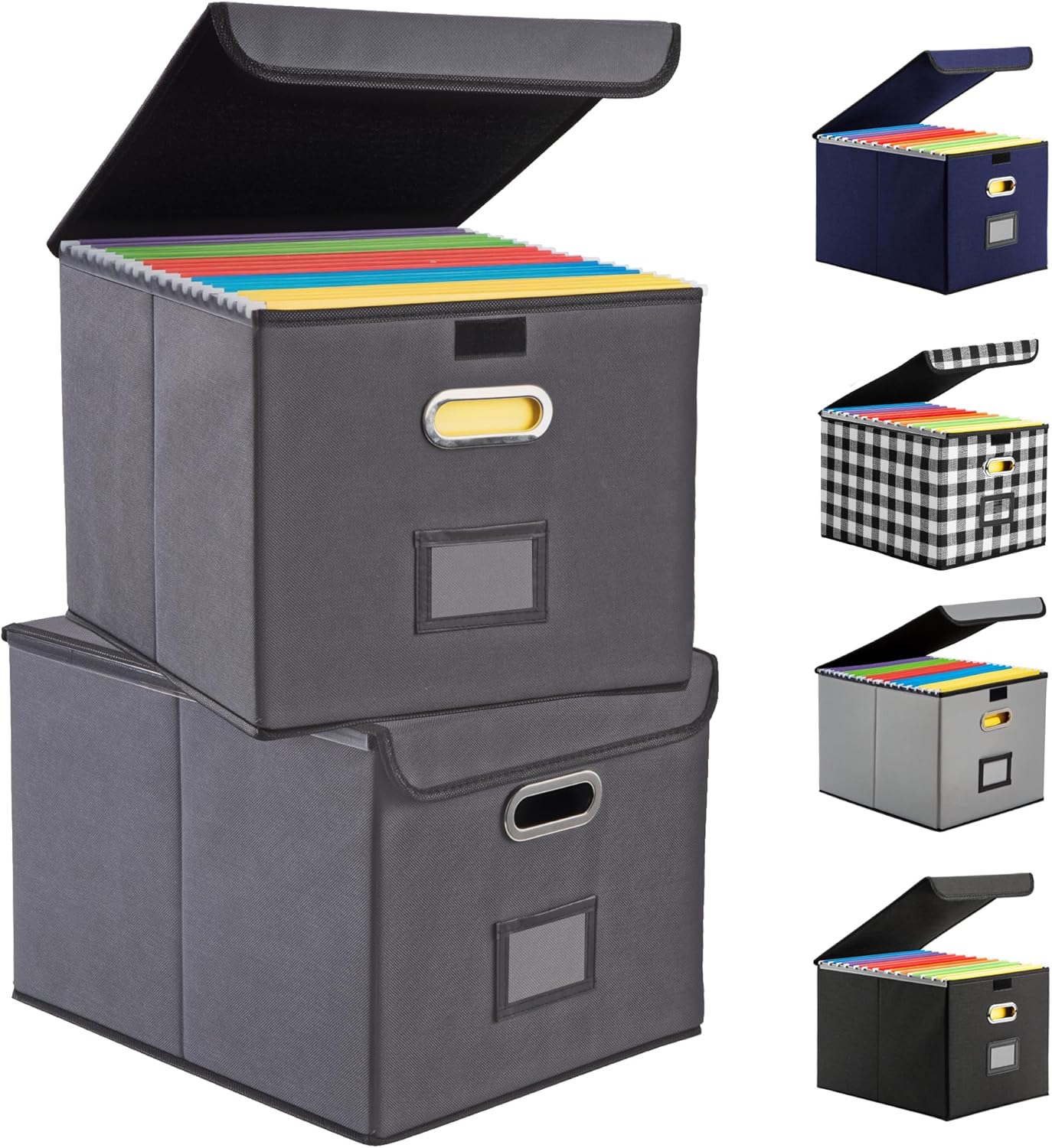 File Organizer Box, Linen Filing Organizer with Lid, Large Desktop File Boxes,Dark Grey,2 Pack