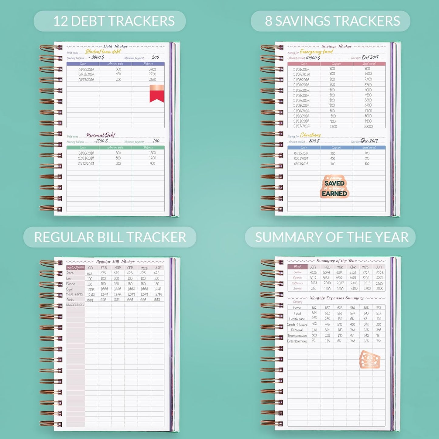 GoGirl Budget Planner & Monthly Bill Organizer – Monthly Financial Book with Pockets. Expense Tracker Notebook Journal, Compact (Mint Green)