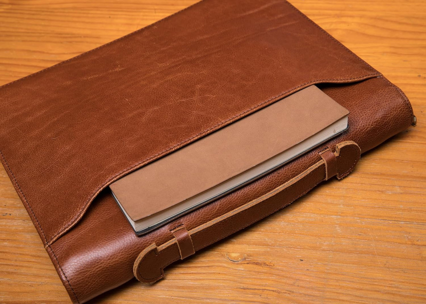 Genuine Leather Portfolio with Hidden Handle, Front Pocket, Business Padfolio Tablet/13” Laptop Organizer, Folio Document Cell Phone Holder, Professional Executive Folder, Brown, Oil Tanned