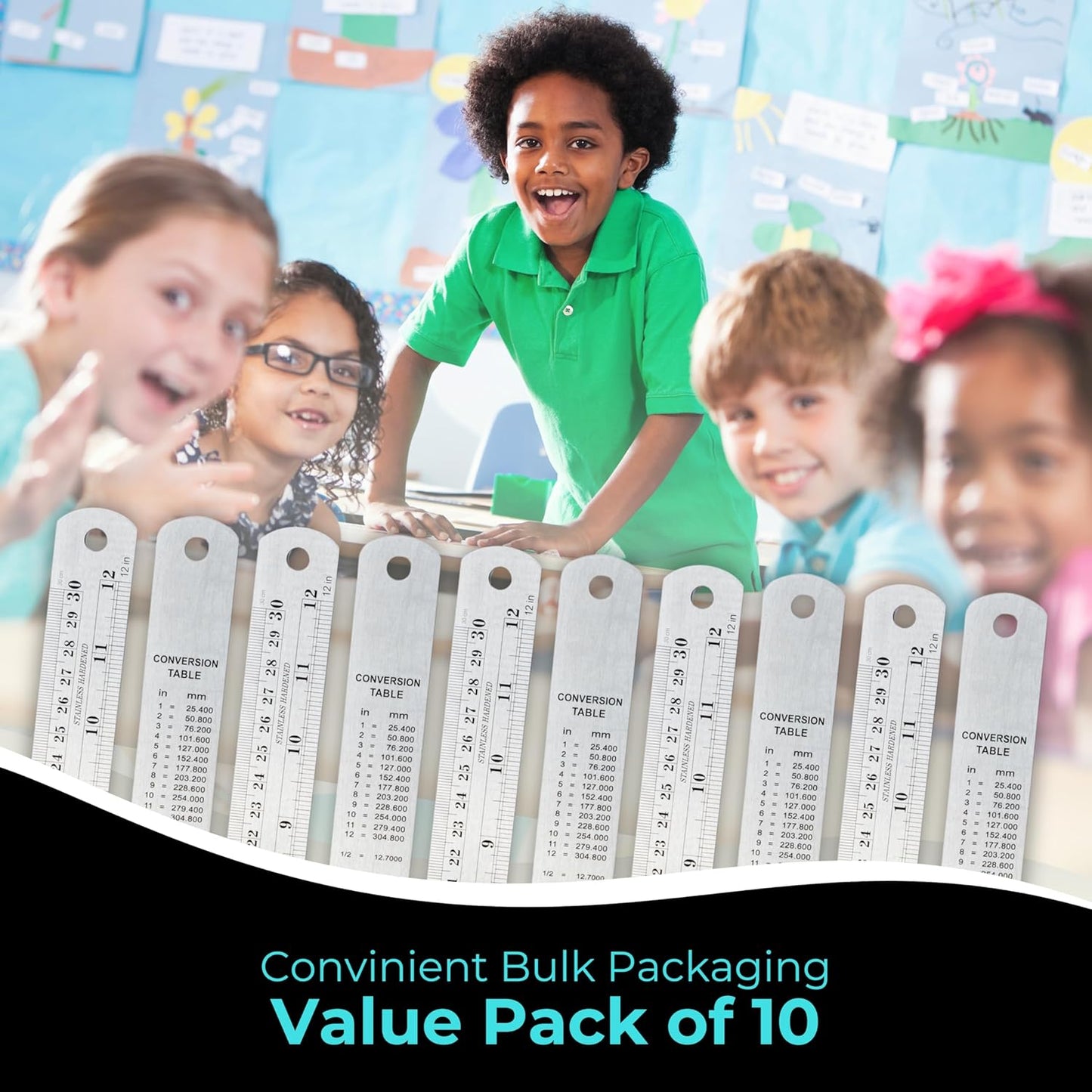 NOKKO Metal Ruler 12 Inch - Pack of 10 - Measuring Set of 12-Inch / 30 cm Stainless Steel Rulers with Imperial & Metric Measurements & Conversion Table - Metal Straight Edge Ruler for Cutting