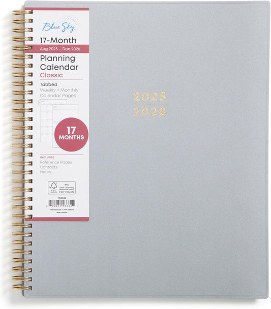 Blue Sky 17 Month 2025-2026 Weekly and Monthly Academic Year Planner Calendar, August 2025 - December 2026, 8.5" x 11", Flexible Cover, Wirebound, Laminated Tabs, Silver Metallic