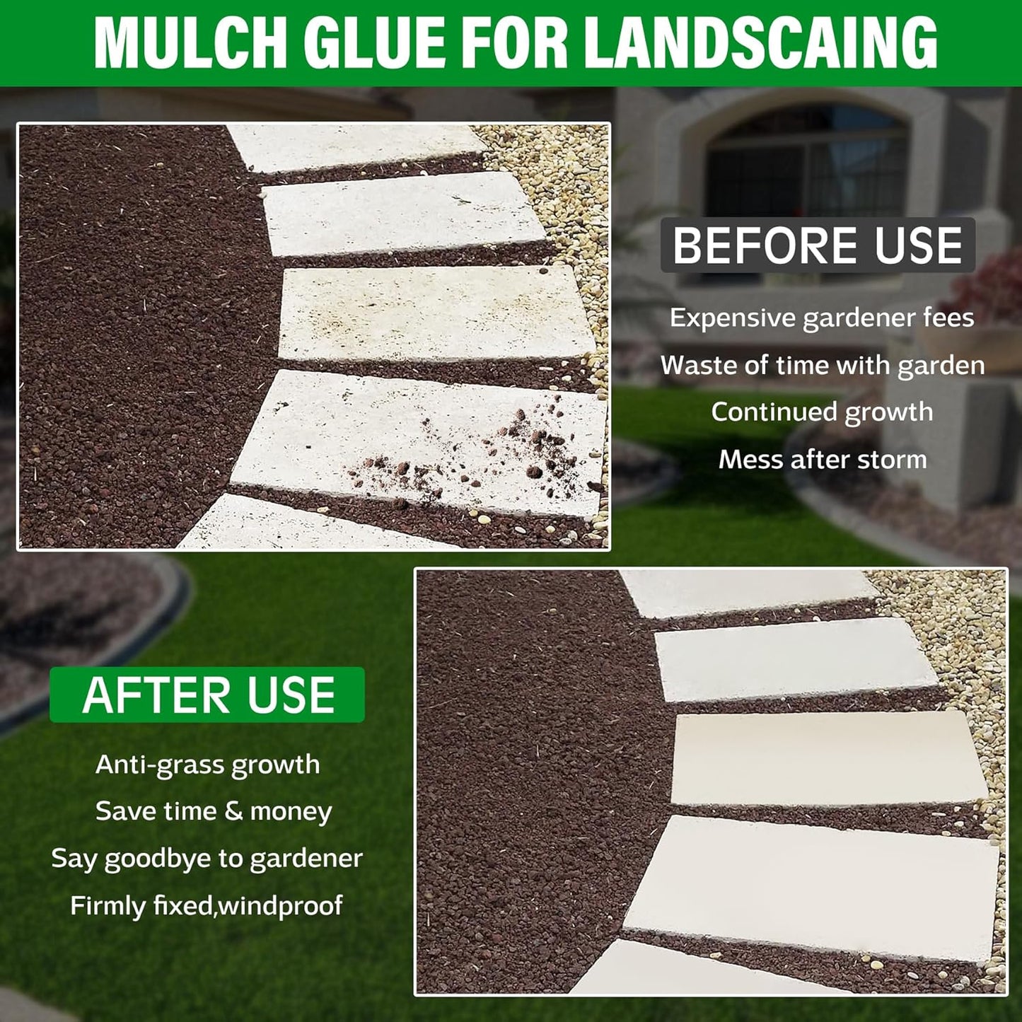 Mulch Glue - 0.5 Gallon / 64oz Mulch Adhesive Gravel Binder with Applicator for Landscaping, Garden - Non Toxic Ready to Use Landscape Lock Glue Mulches Stabilizer for Pea Gravel, Rock, Stones, Bark