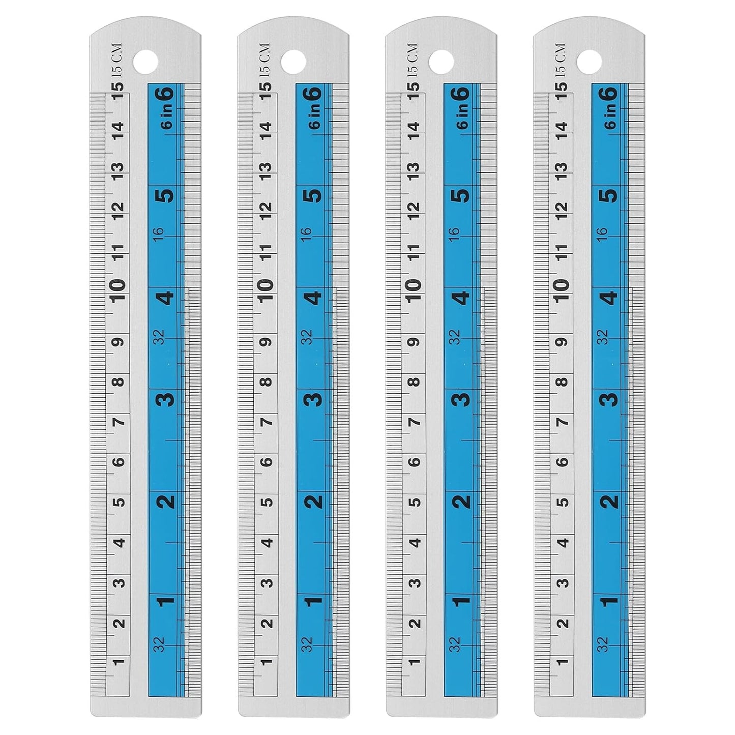 HARFINGTON 4pcs Metal Straight Ruler 15cm Metric SAE Aluminum Alloy Measuring Rulers Scale Tools with Hole for Measure Study Reading Classroom Office, Blue