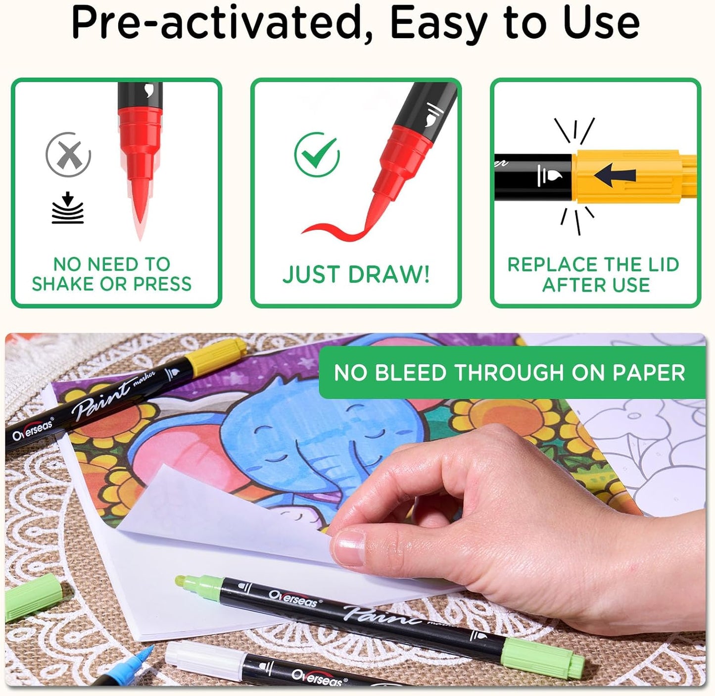 Overseas White Acrylic Paint Markers, 2 Pack Dual Tip Paint Pens Acrylic Markers with Dot and Brush Tip, Coloring Marker for Wood, Rock, Canvas, Glass, Metal, Ceramic, Plastic, Fabric, School Supplies